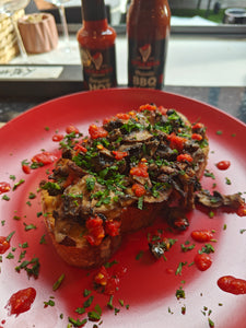 Air Fryer Miso Mushrooms on Sourdough Toast Featuring Little Red's Everyday Hot Sauce