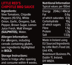 Little Red's Chipotle BBQ Nutritional Label and Ingredient List. Packaging and Label