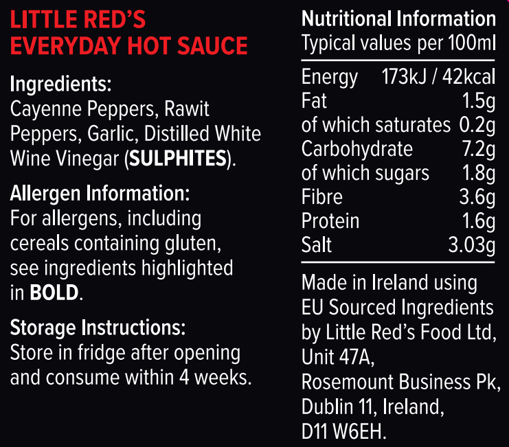 Close-up of the nutritional information and gluten-free ingredient list on Little Red's Hot Sauce bottle, highlighting its suitability for gluten-sensitive diets. The label offers clear insights into the sauce's natural ingredients and health benefits, emphasizing the brand's dedication to quality and inclusivity for all culinary enthusiasts.