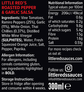 Nutritional label and branding details on Little Red's Slow Roasted Pepper & Garlic Salsa jar